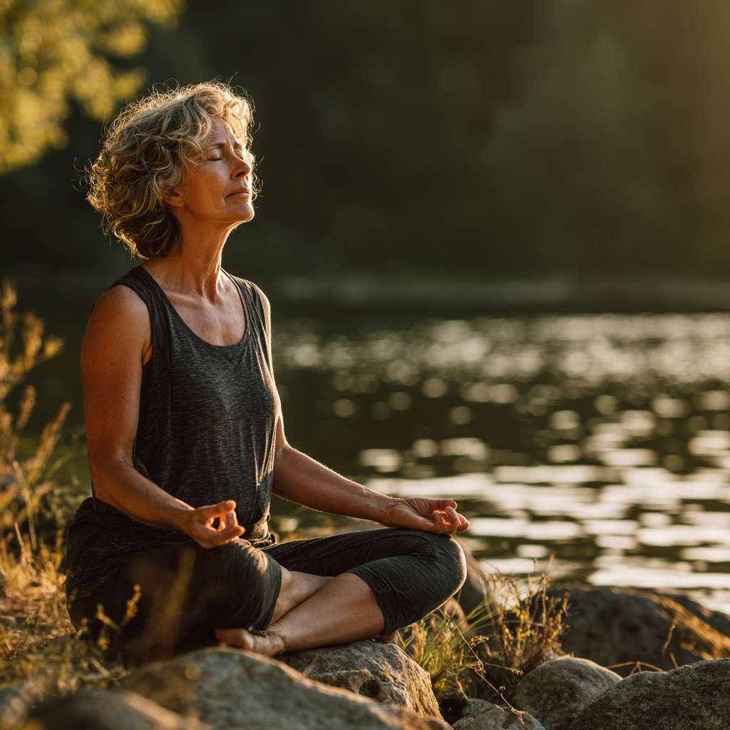 Middle-aged woman practicing mindful meditation in serene natural environment